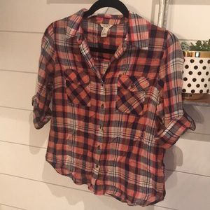 Forever 21 Blue and Peach Plaid Top w/ Pockets - S